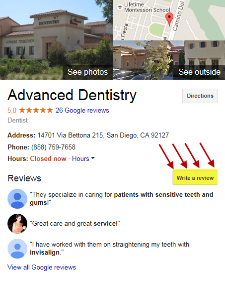 Google write a review Del Sur Dentistry San Diego 92127